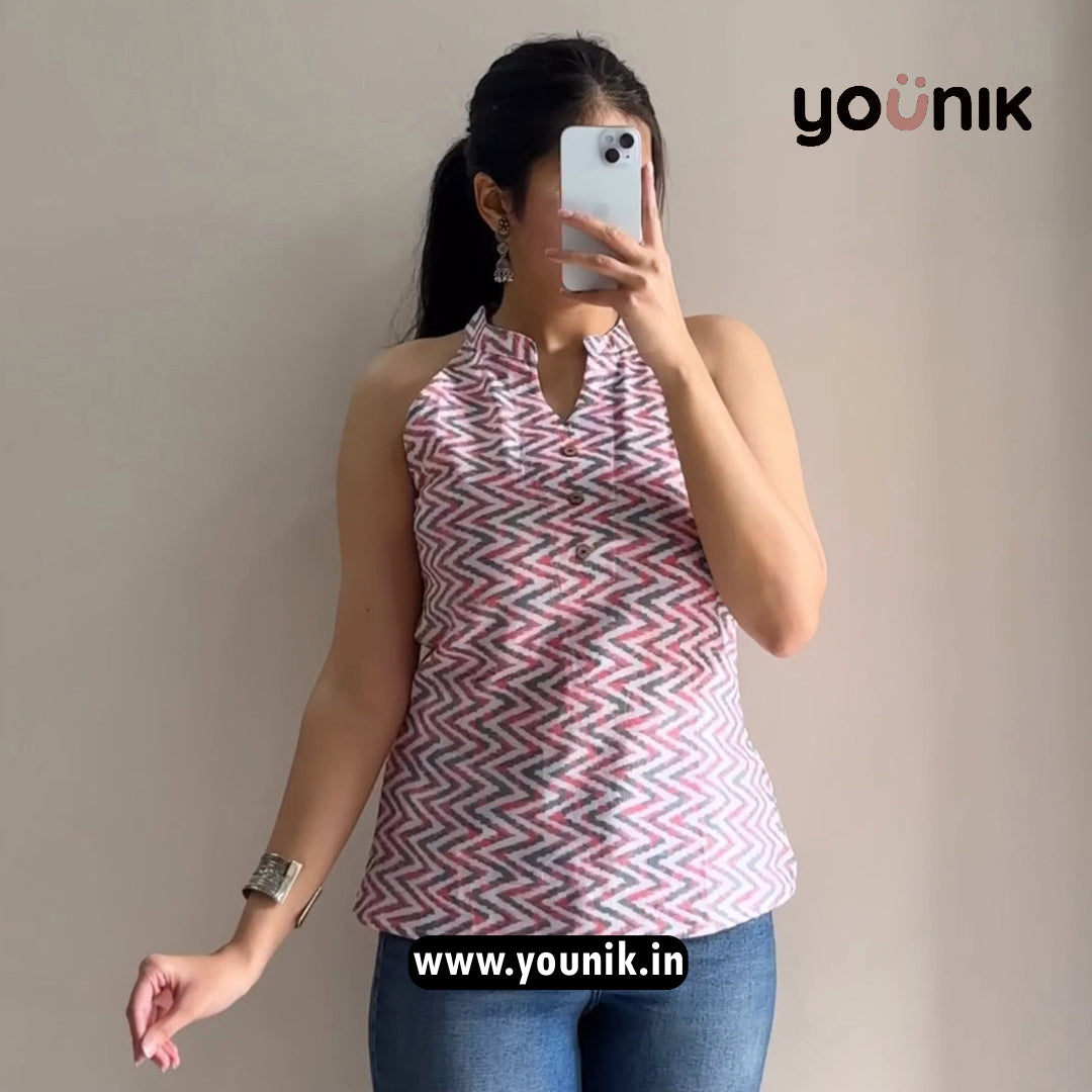 Pink And Gray Zigzag Printed Halter Neck Pure Cotton Short Kurti
