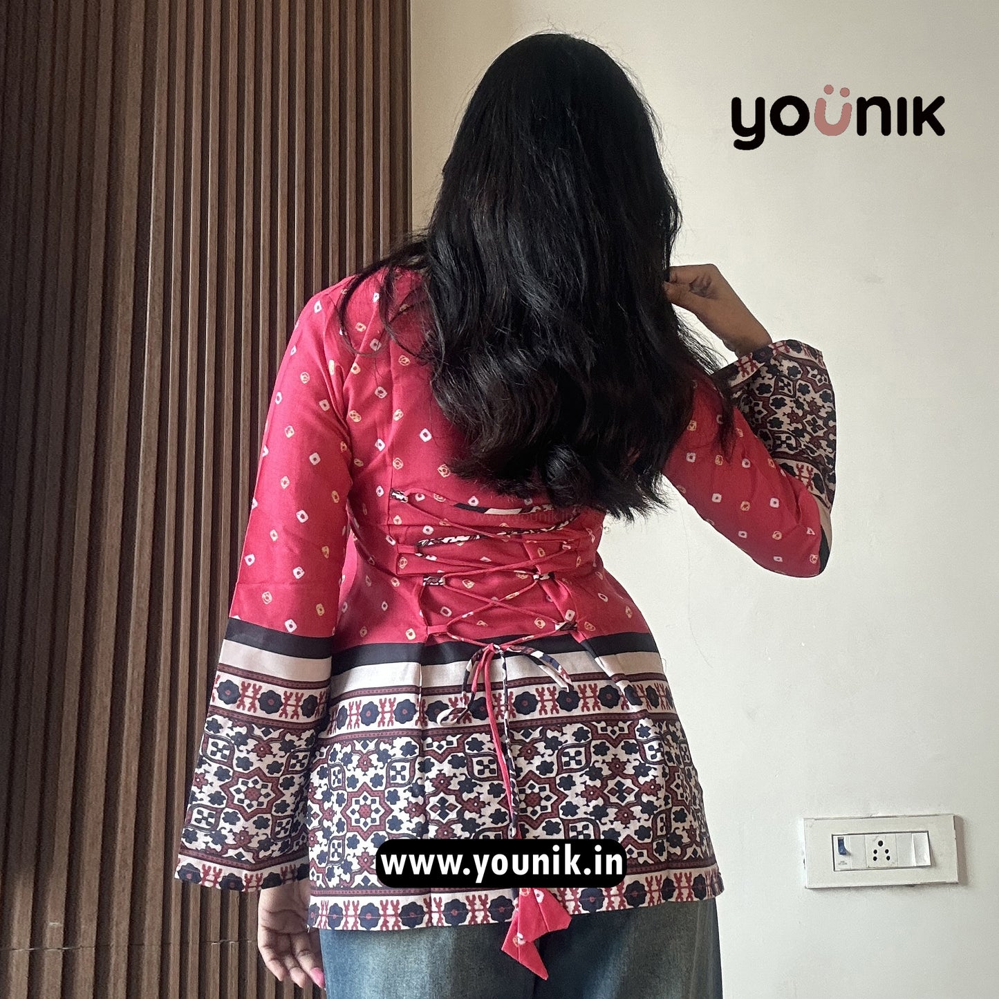 Pink Bandhni Printed Corset Back Bell Sleeve Short Kurti