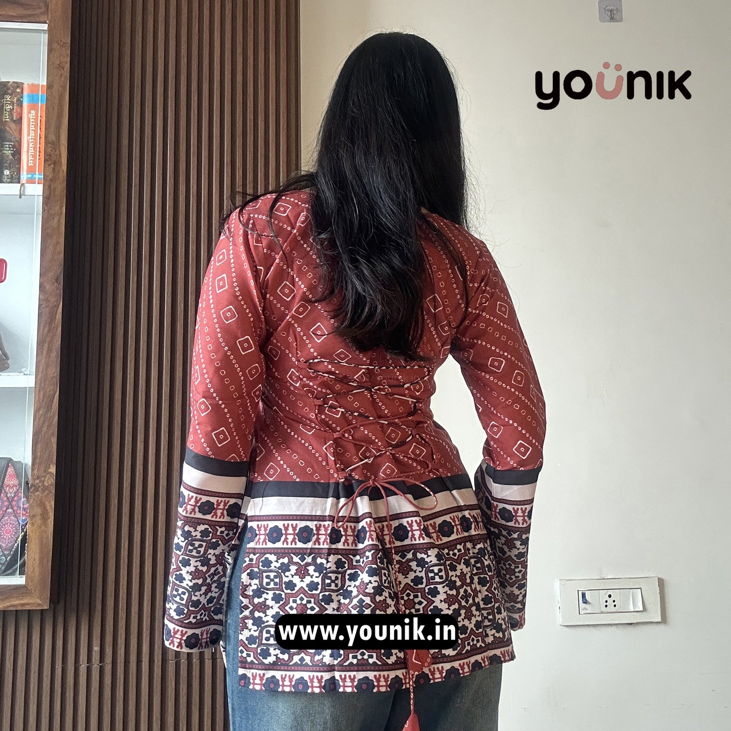 Rusty Bandhni Printed Bell Sleeve Corset Back Short Kurti