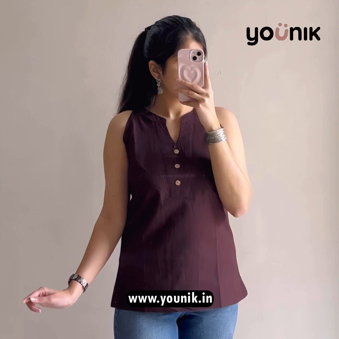 Coffee Plain Pure Cotton Halter Neck Short Kurti
