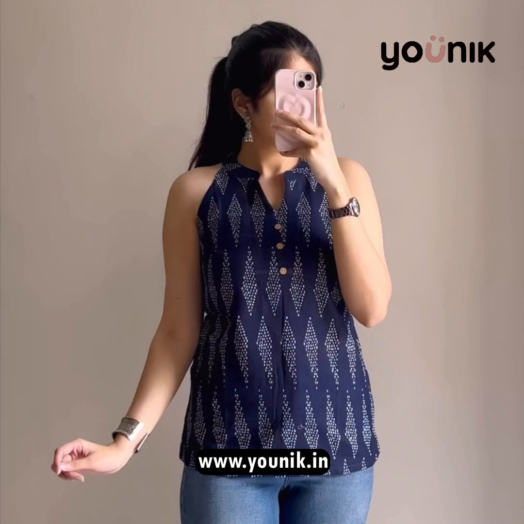 Navy Blue Ethnic Printed Halter Neck Short Kurti