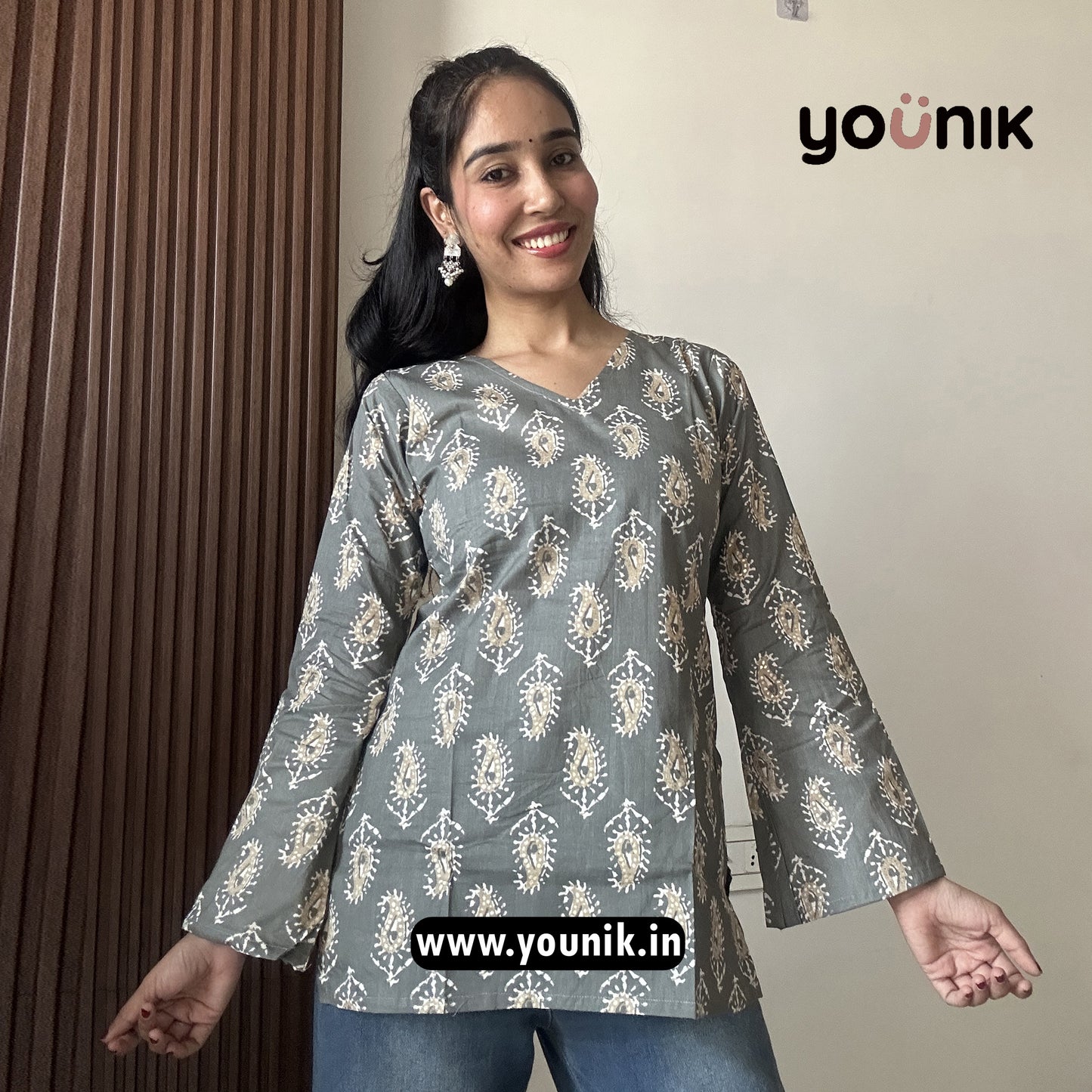 Gray Ethnic Foil Printed Bell Sleeve Short Kurti