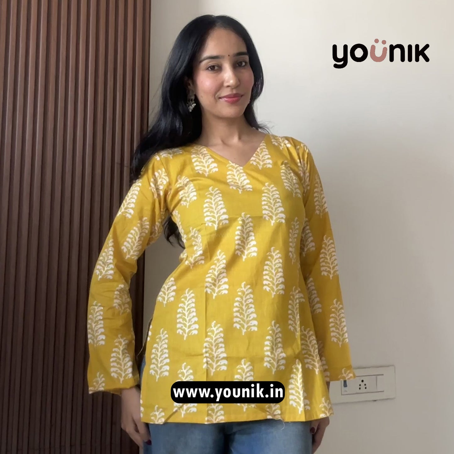 Yellow Foil Printed Pure Cotton Bell Sleeve Short Kurti