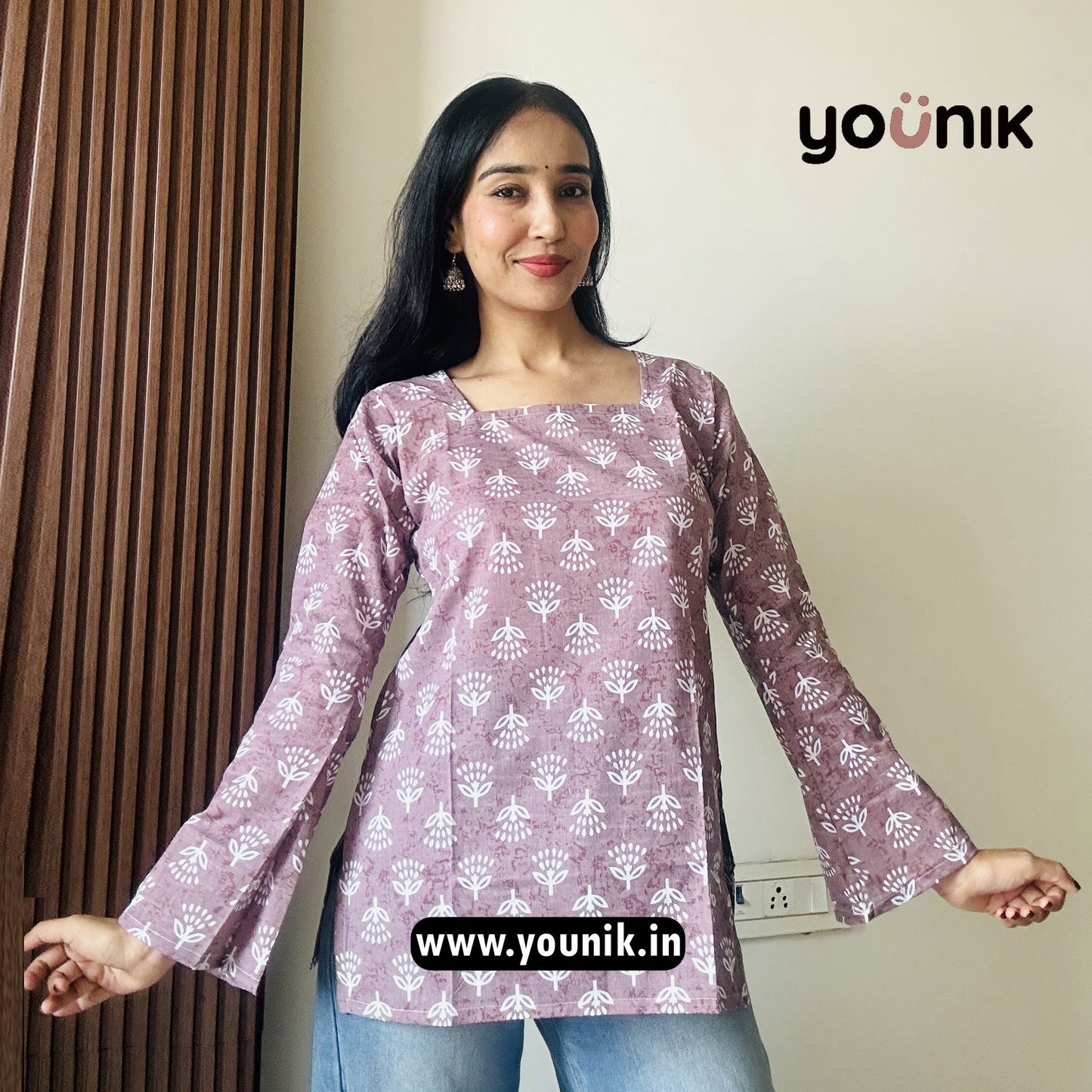 Light Purple Floral Printed Bell Sleeve Short Kurti