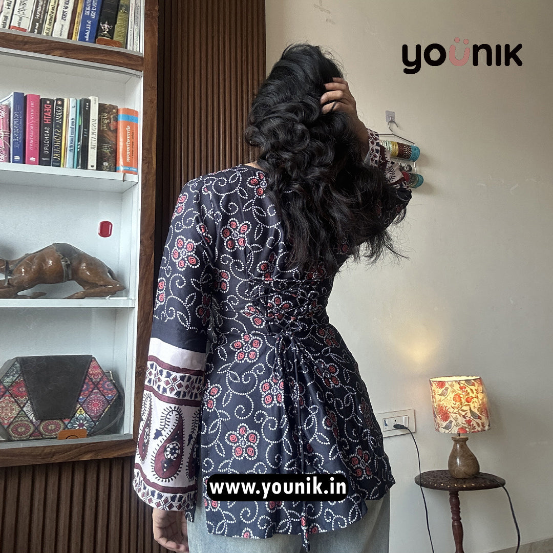 Black Floral Motifs Printed Bell Sleeve Corset Back Short Kurti