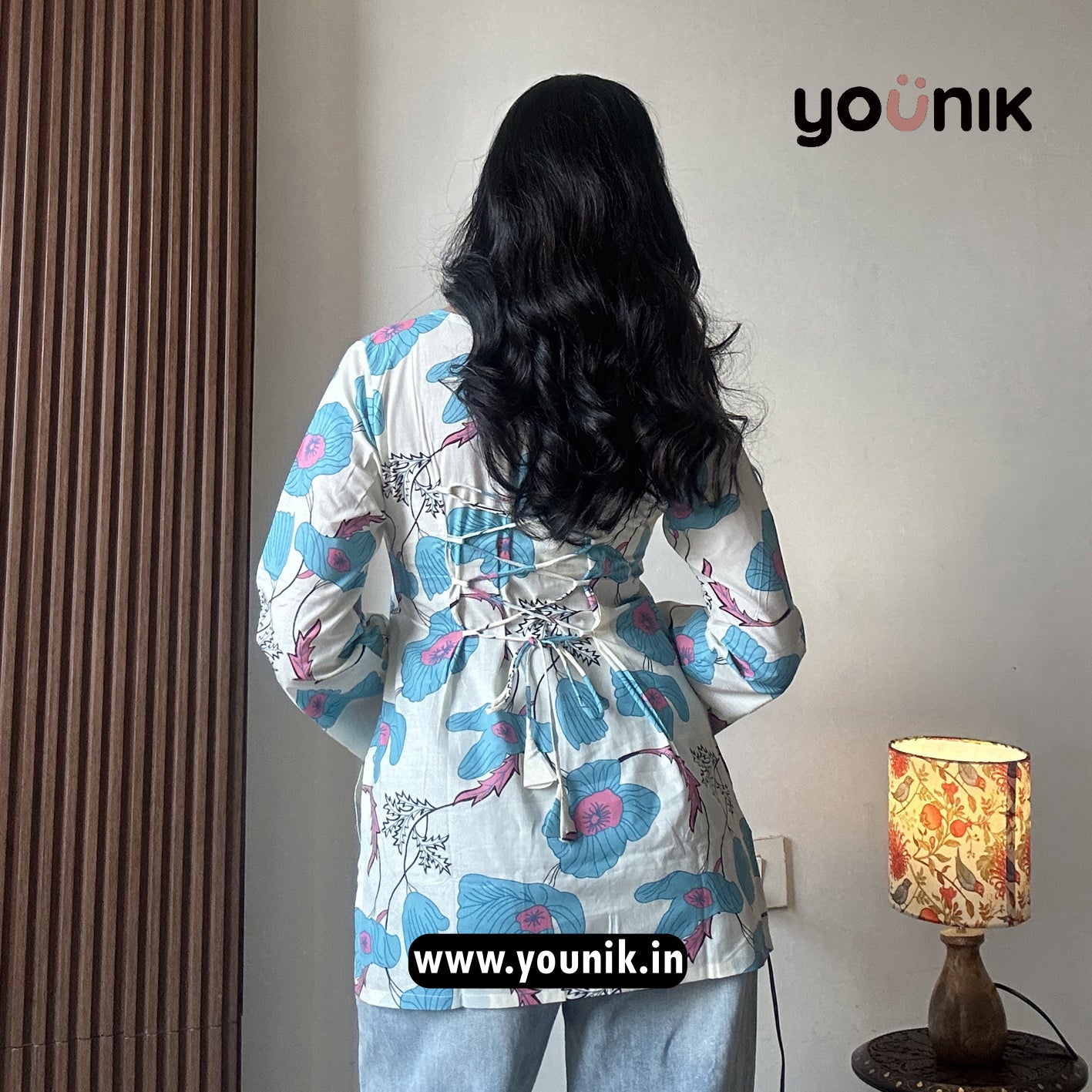 Sky Blue And White Floral Printed Corset Back Short Kurti