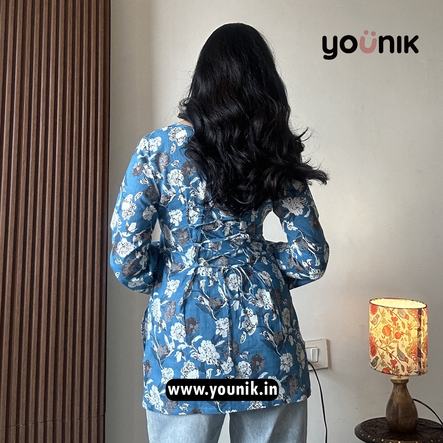 Blue Floral Printed Corset Back Short Kurti