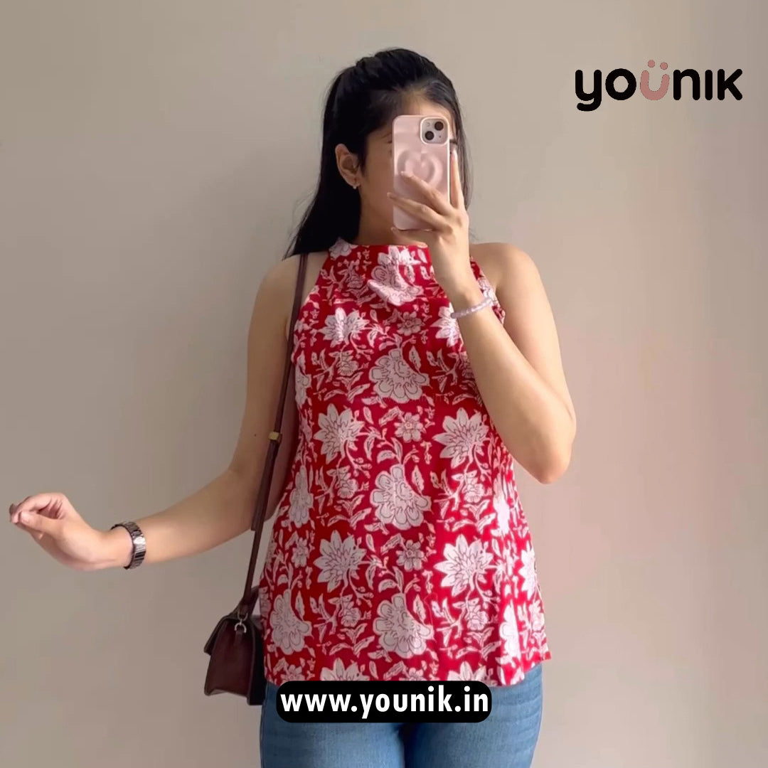 Red Floral Printed Halter Neck Sleeveless Short Kurti