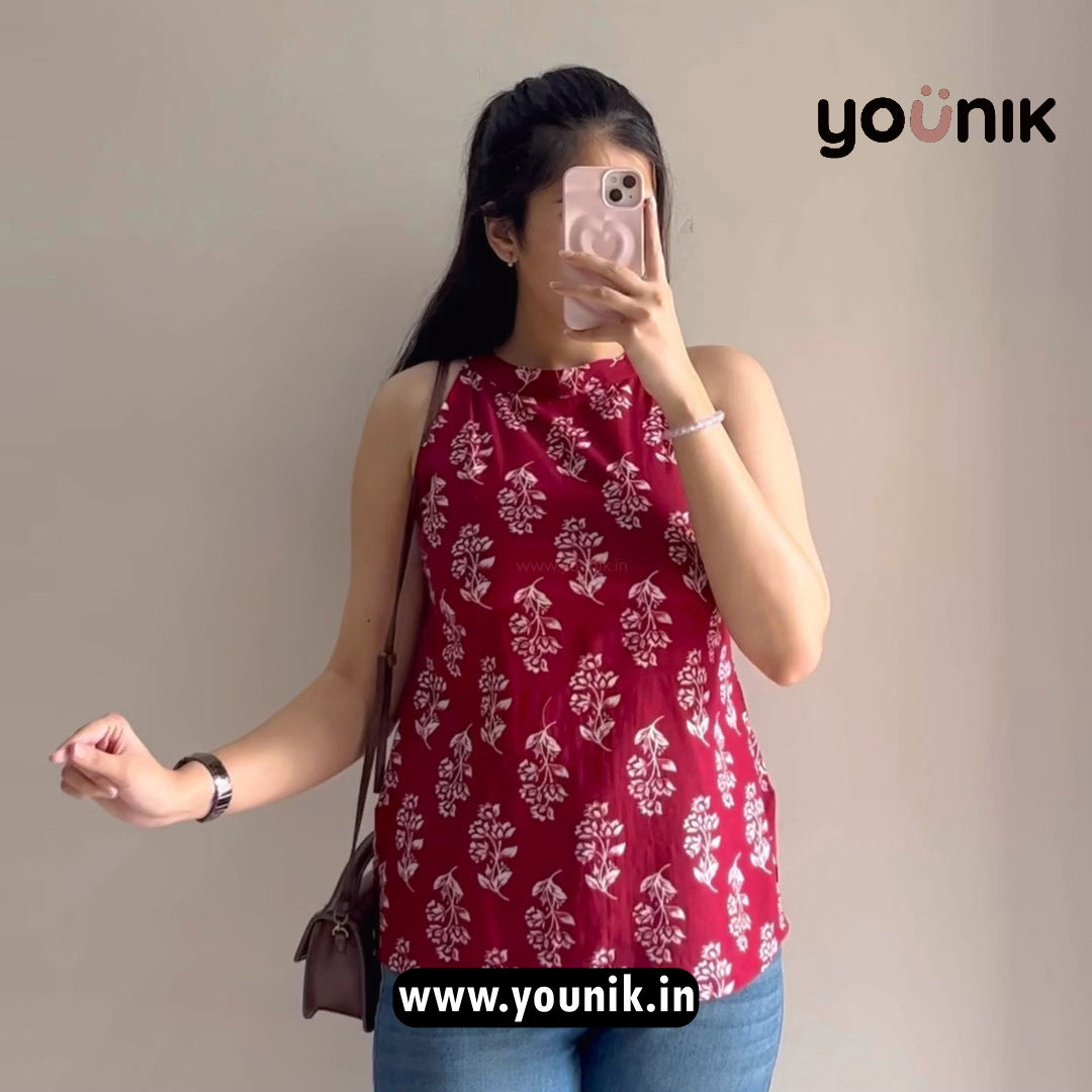Antique Maroon Sleeveless Halter Neck Floral Printed Short Kurti