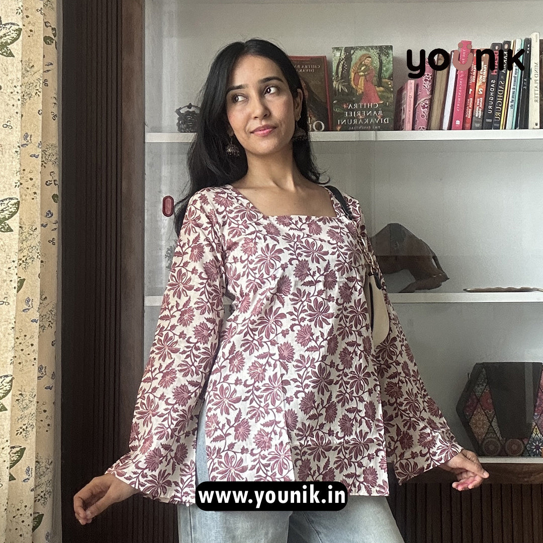 White And Plum Wine Foil Printed Pure Cotton Short Kurti