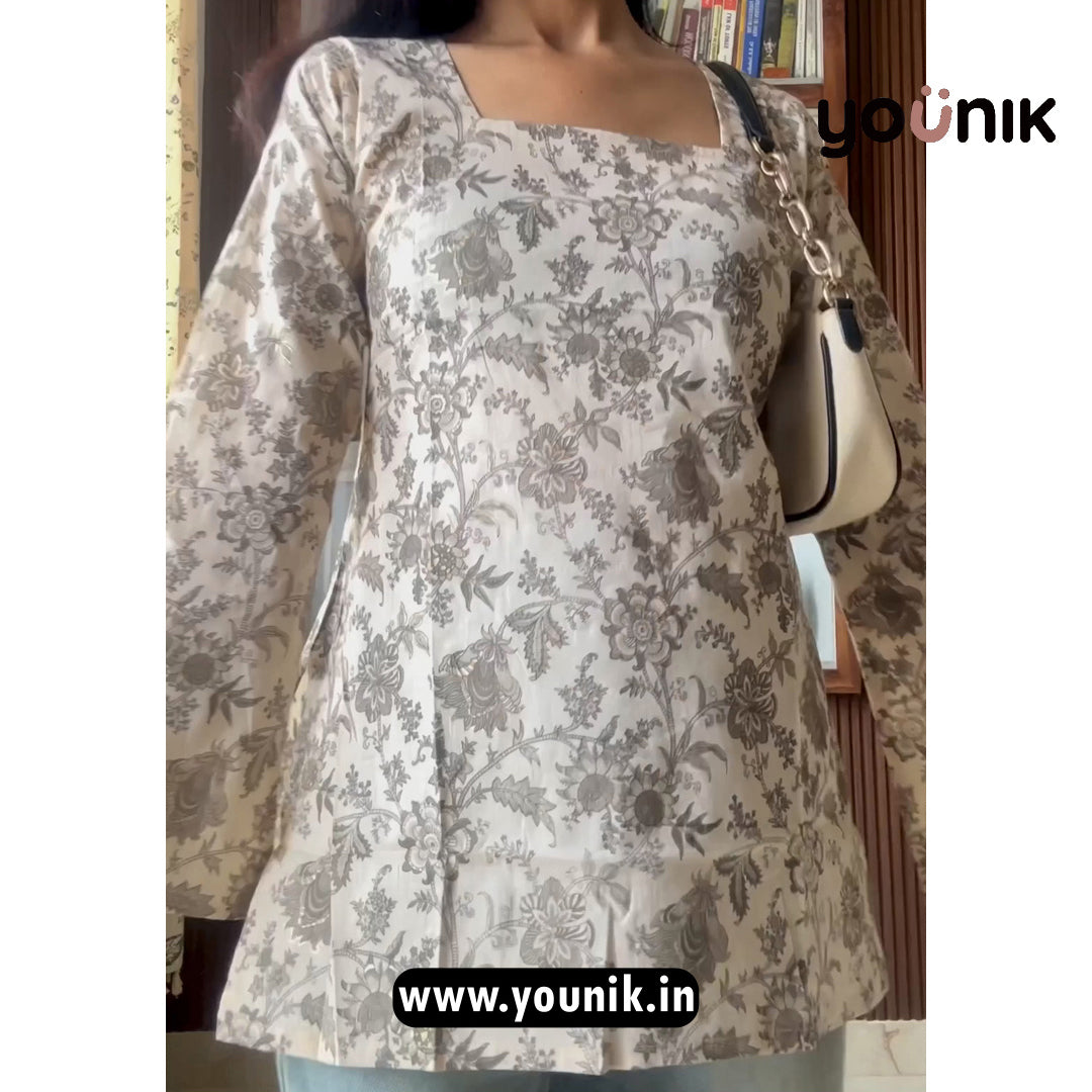 White And Gray Foil Printed Pure Cotton Short Kurti