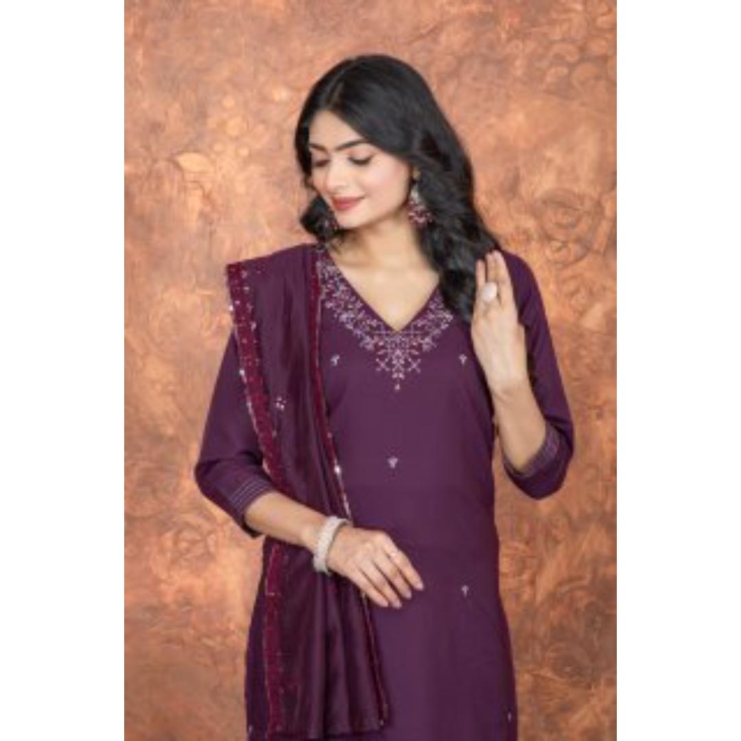 Purple Embroidery Worked Romansilk Designer Kurti Set