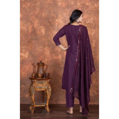 Purple Embroidery Worked Romansilk Designer Kurti Set