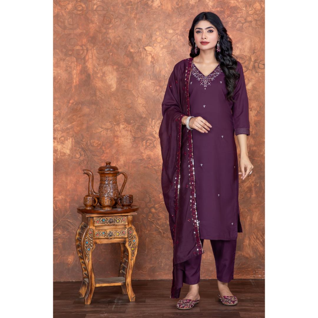 Purple Embroidery Worked Romansilk Designer Kurti Set