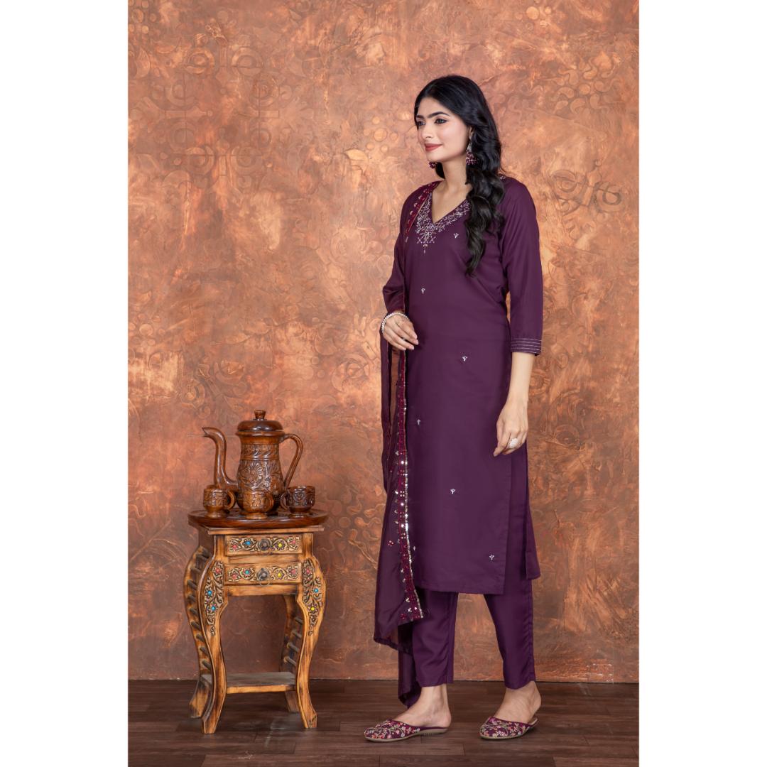 Purple Embroidery Worked Romansilk Designer Kurti Set