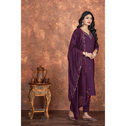 Purple Embroidery Worked Romansilk Designer Kurti Set