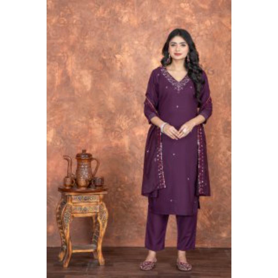 Purple Embroidery Worked Romansilk Designer Kurti Set