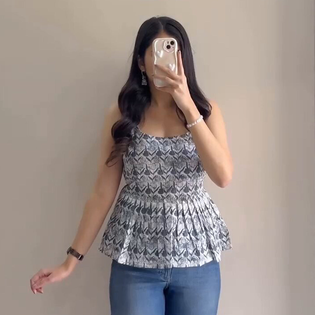 Gray And White Printed Cotton Short Kurti