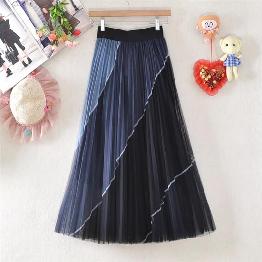 Navy Blue And Black Fairy Pleating Printed Skirt