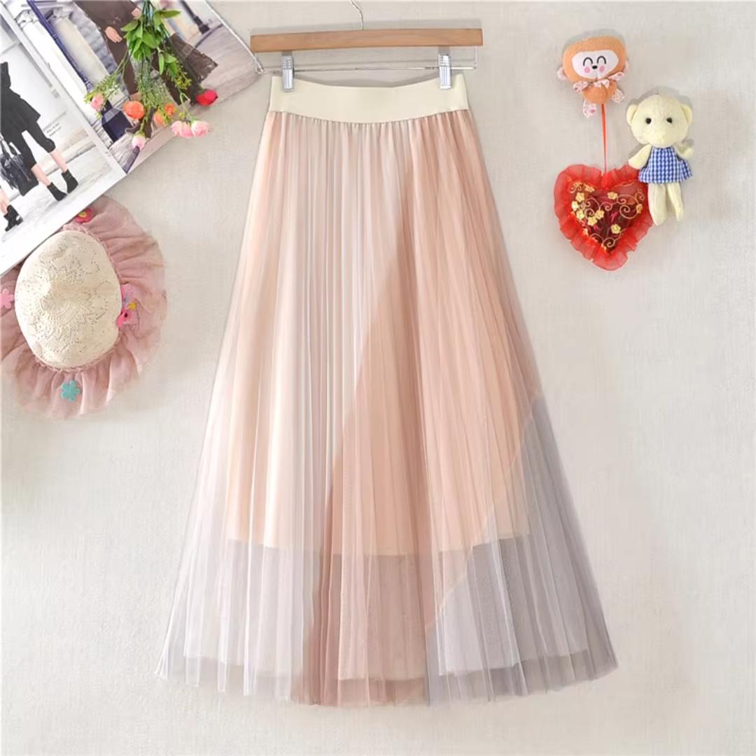 Peach And Cream Fairy Pleating Printed Skirt