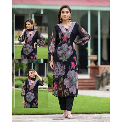 Black Printed Embroidery Georgette Kurti Set