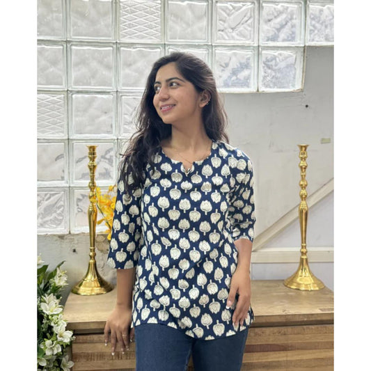 Navy Blue And White Cotton Short Kurti