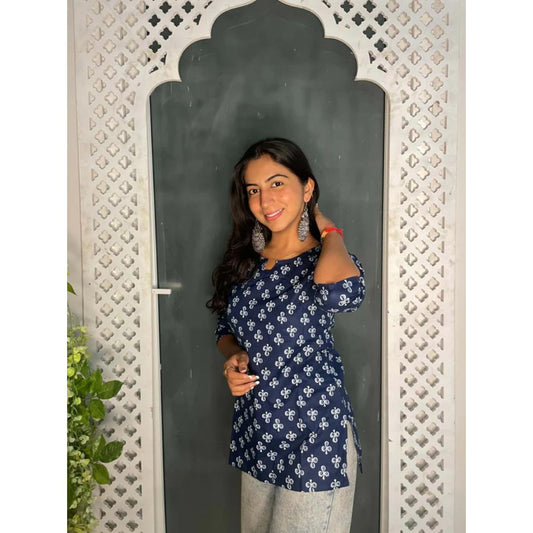 Navy Blue Butty Printed Cotton Short Kurti