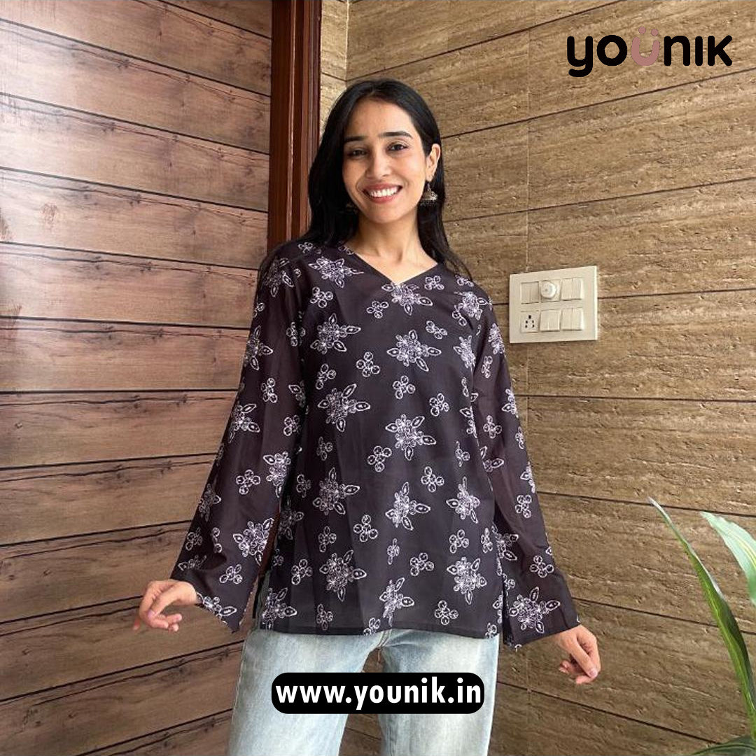 Ink Black And White Floral Short Kurti