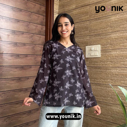 Ink Black And White Floral Short Kurti