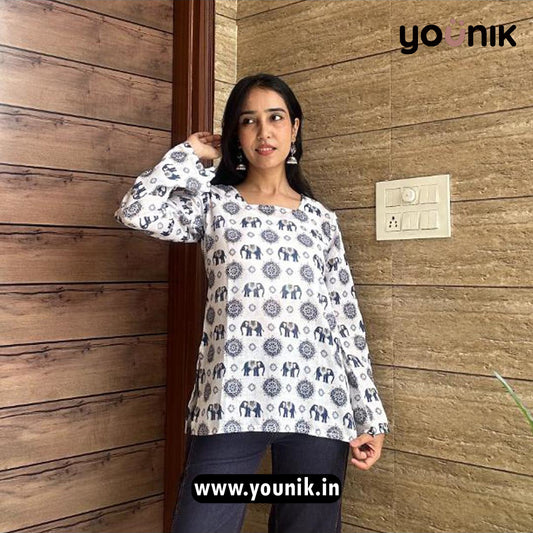 Off White Elephant Print Short Kurtis