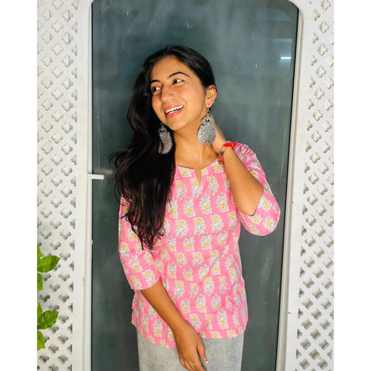 Pink Printed Cotton Short Kurti
