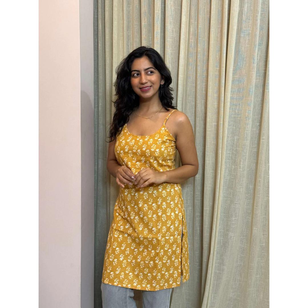 Yellow Sleeveless Cotton Short Kurti
