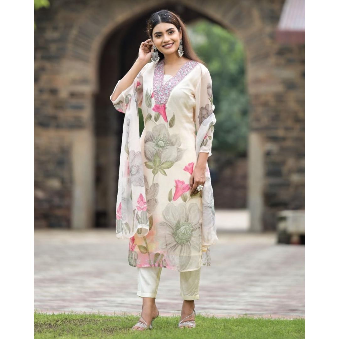 Off White Printed Embroidery Georgette Kurti Set