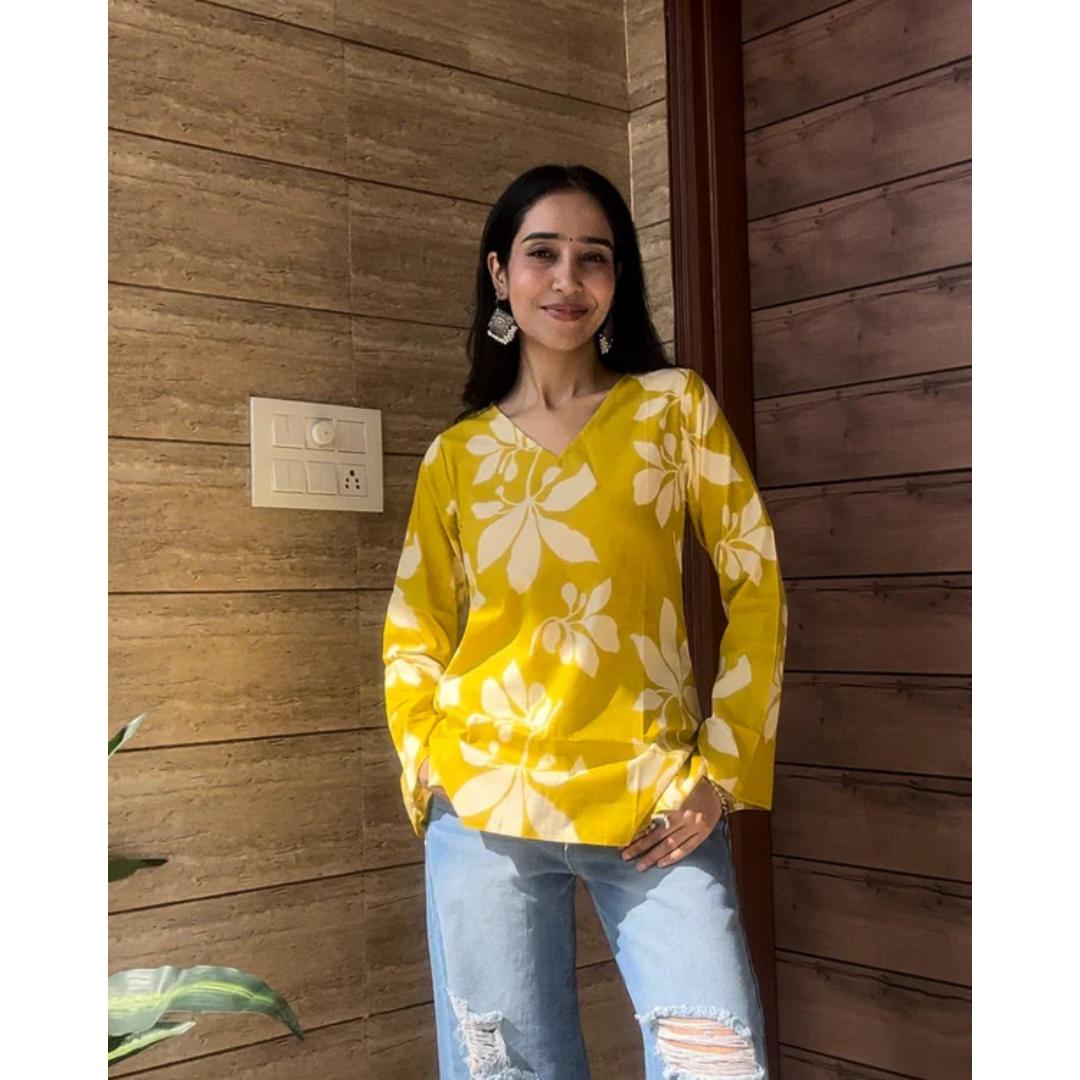 Yellow Floral Printed Short Kurti