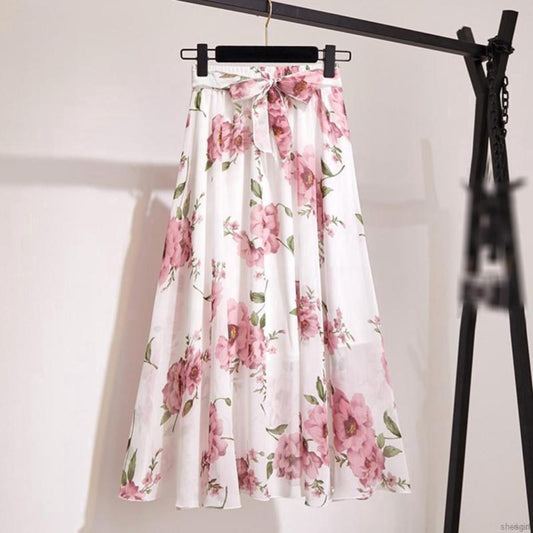 White And Pink Floral Printed Skirt