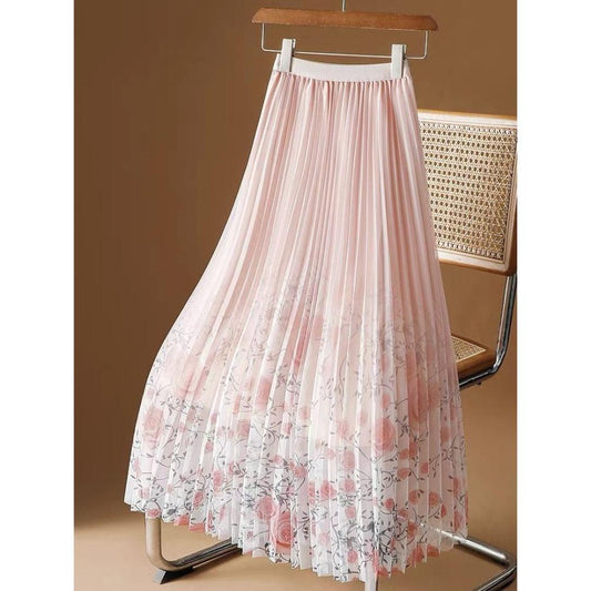 Pink And White Rose Printed Skirt