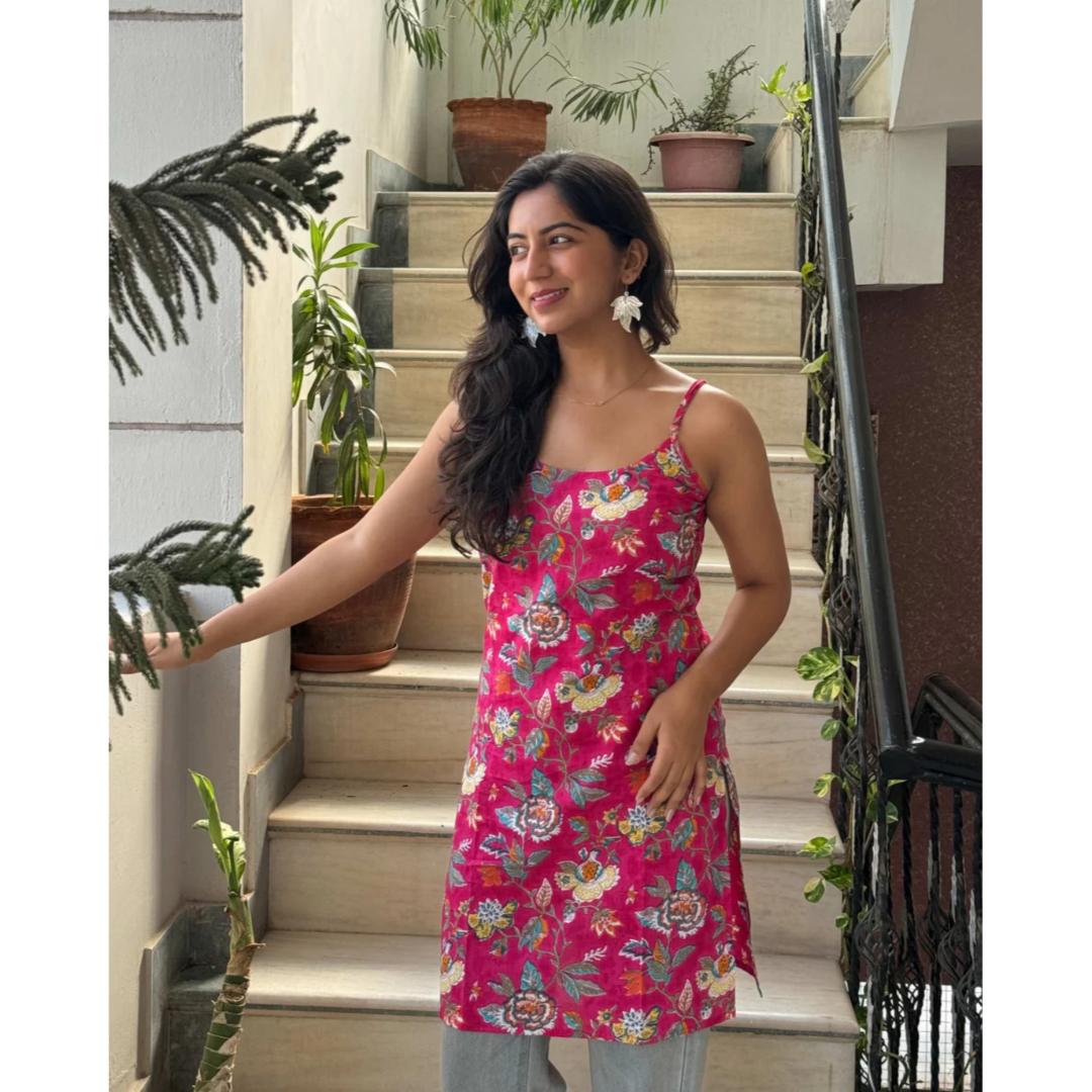 Pink Sleeveless Cotton Short Kurti