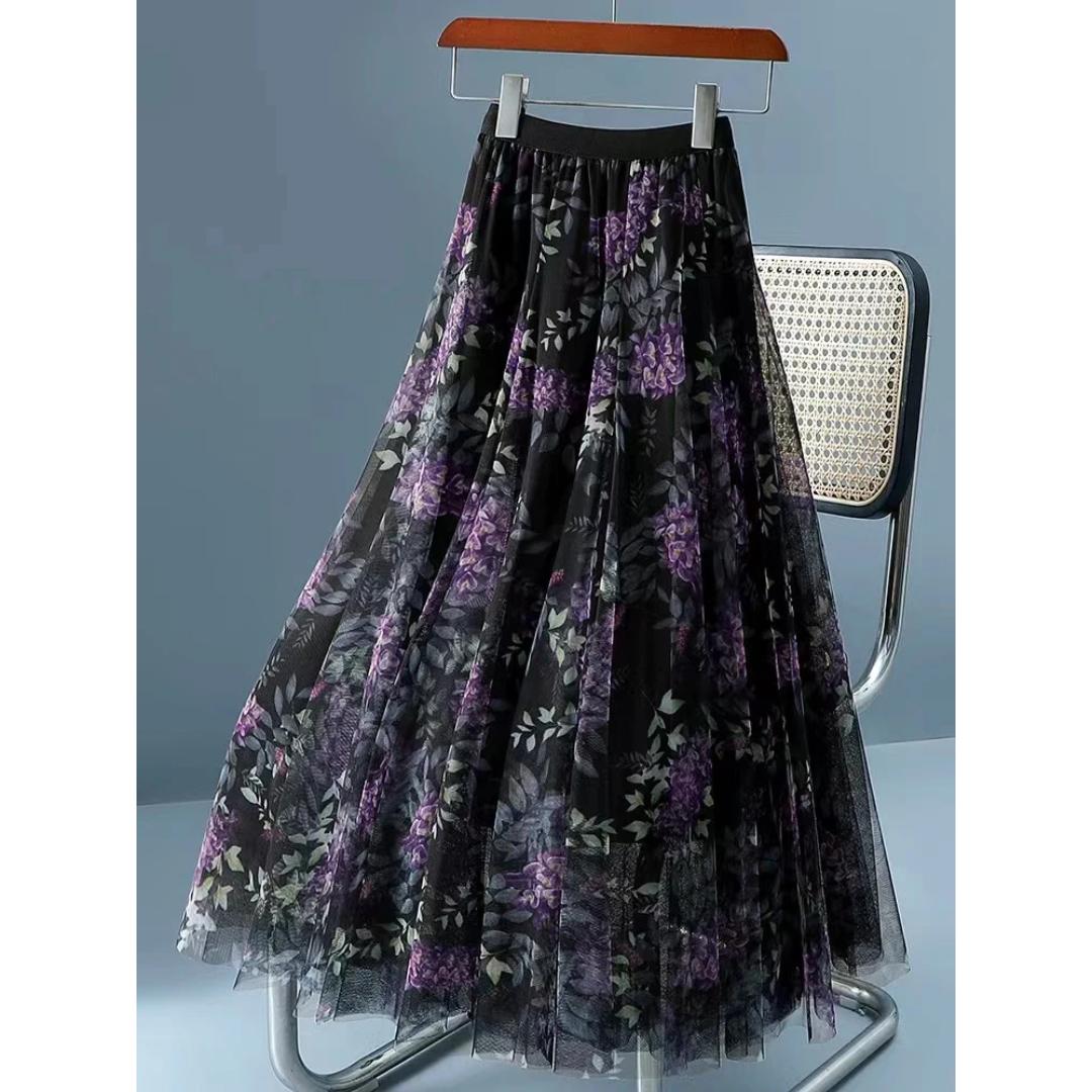 Black And Purple Floral Printed Skirt