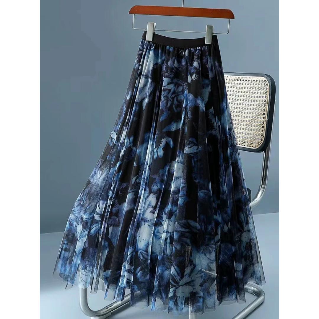 Black And Blue Floral Printed Skirt