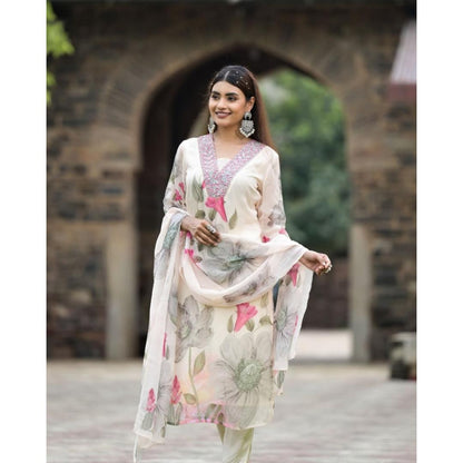 Off White Printed Embroidery Georgette Kurti Set