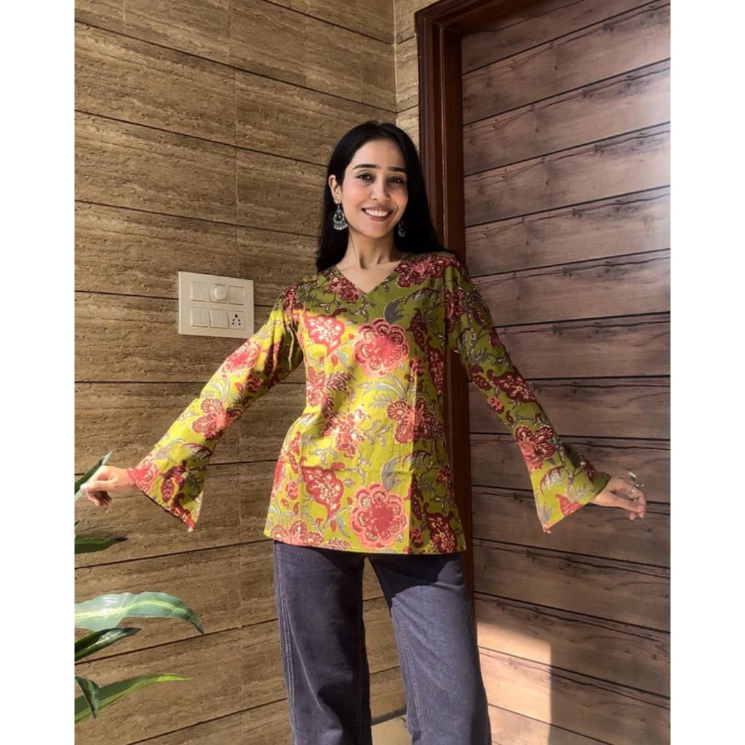 Mehndi Green Floral Short Kurti