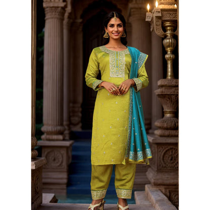 Mehandi Green Embroidery Kurti Set