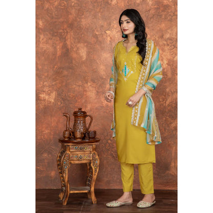 Mustard Embroidery Roman Silk Kurti Set