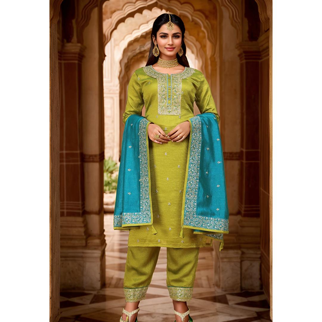 Mehandi Green Embroidery Kurti Set