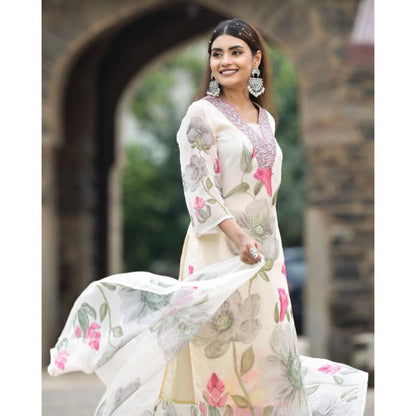 Off White Printed Embroidery Georgette Kurti Set