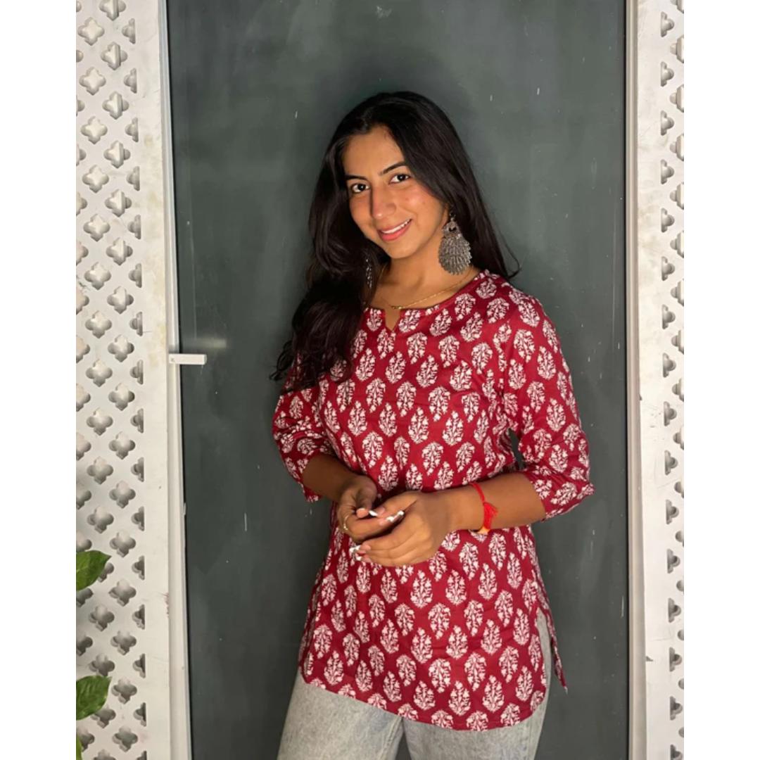Marron Printed Cotton Short Kurti