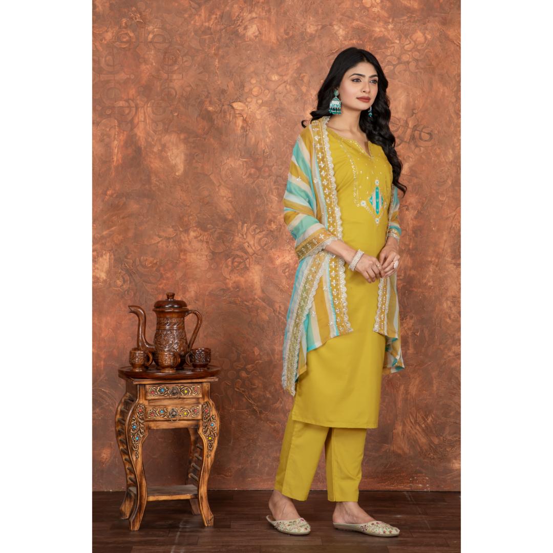 Mustard Embroidery Roman Silk Kurti Set