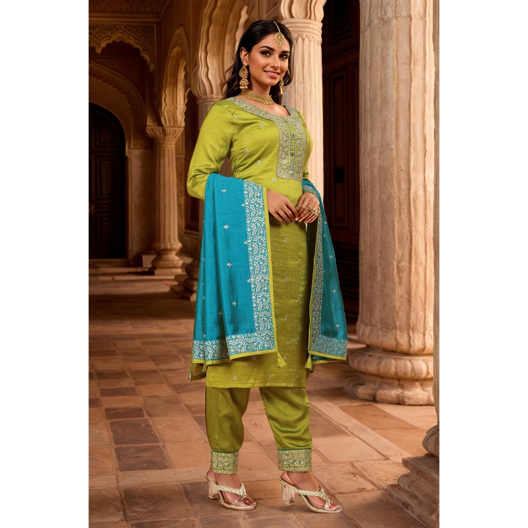 Mehandi Green Embroidery Kurti Set