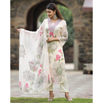 Off White Printed Embroidery Georgette Kurti Set