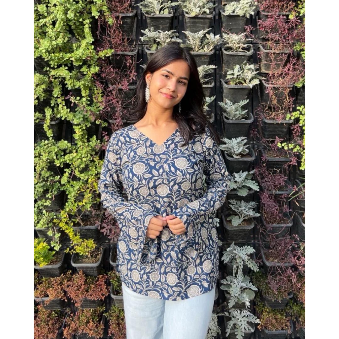 Navy Blue Floral Cotton Short Kurti